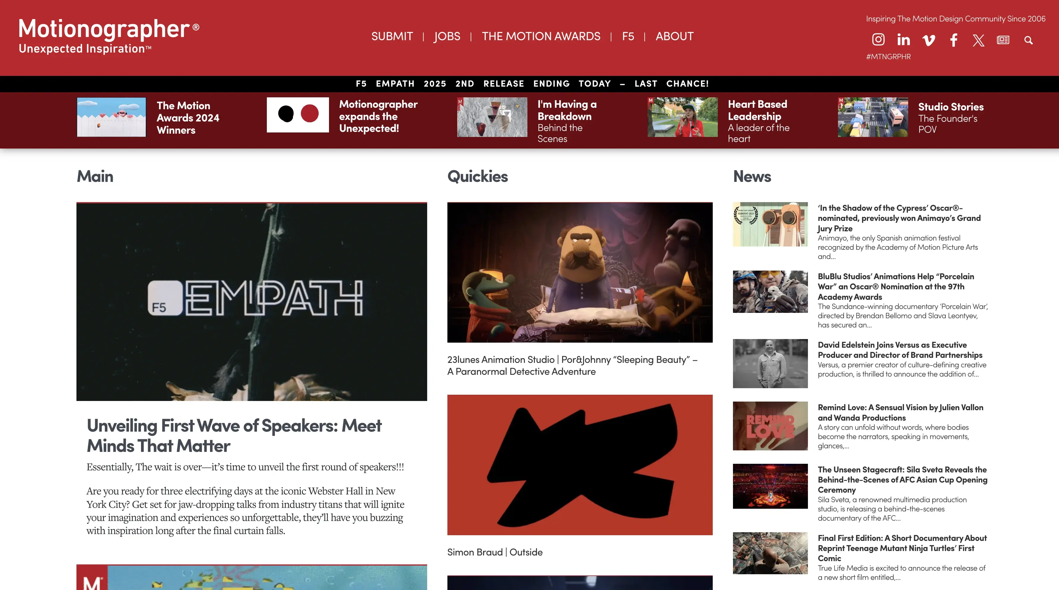 Motionographer homepage with various articles displayed