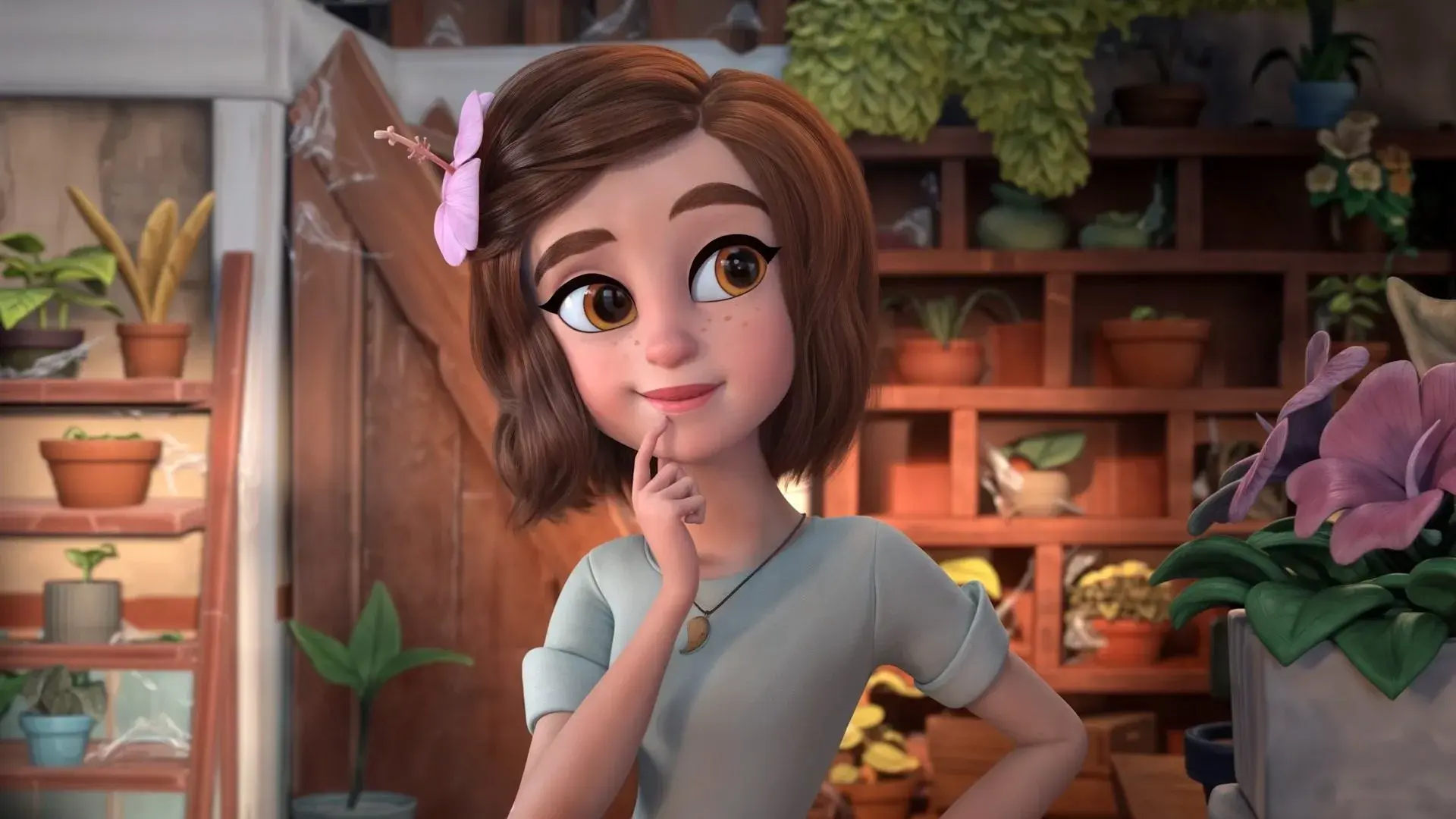 3D animated character from Ohana Island cinematic, featuring a young girl with a flower in her hair, created by 23lunes animation studio.