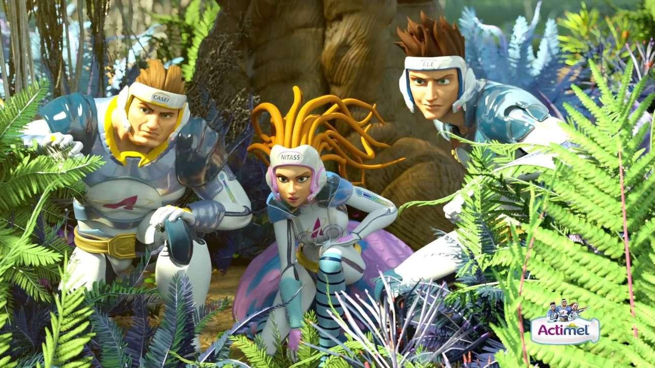 Animated Actimel team of futuristic heroes in space suits, celebrating a victory with glowing blue energy in the background.