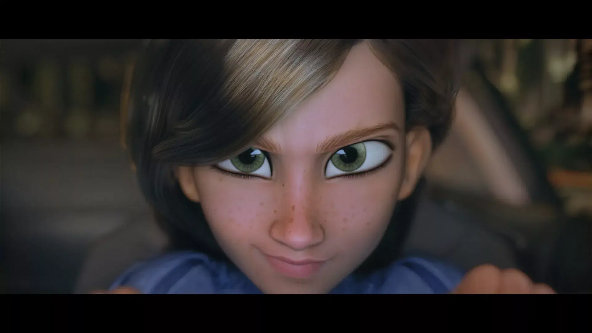 Close-up of a determined 3D animated girl with green eyes from the Audi Ever After cinematic.
