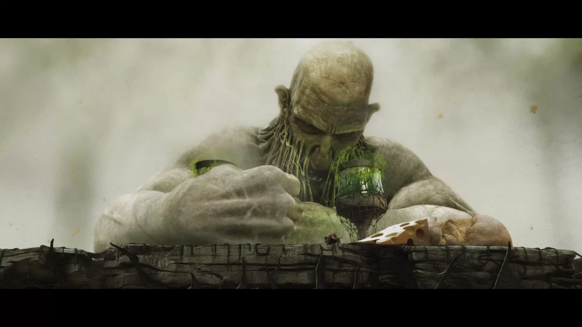 3D animated scene from the Giant sequence, featuring a colossal figure with glowing green elements and a misty atmosphere.