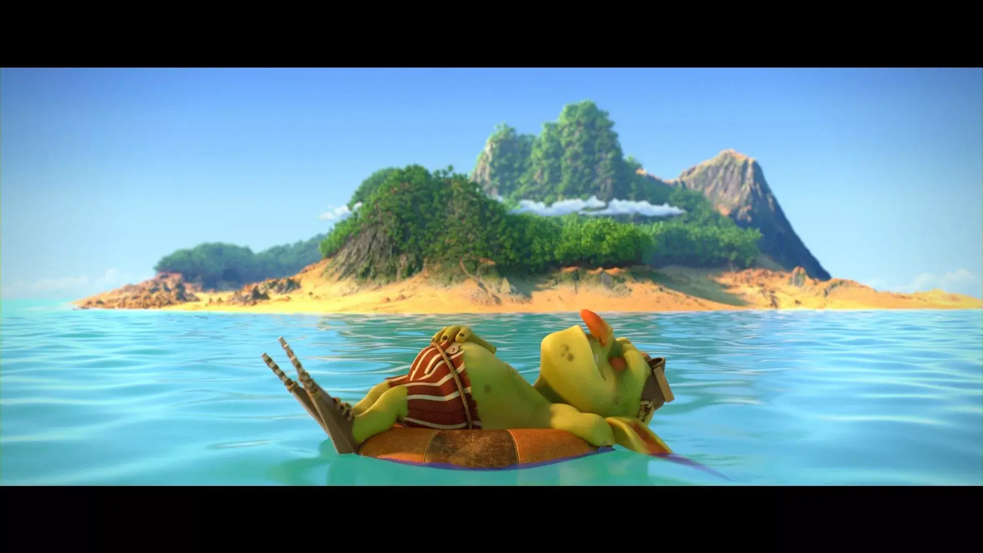 3D animated character relaxing on a float in the ocean with a tropical island in the background from Hungry Dragon cinematics.