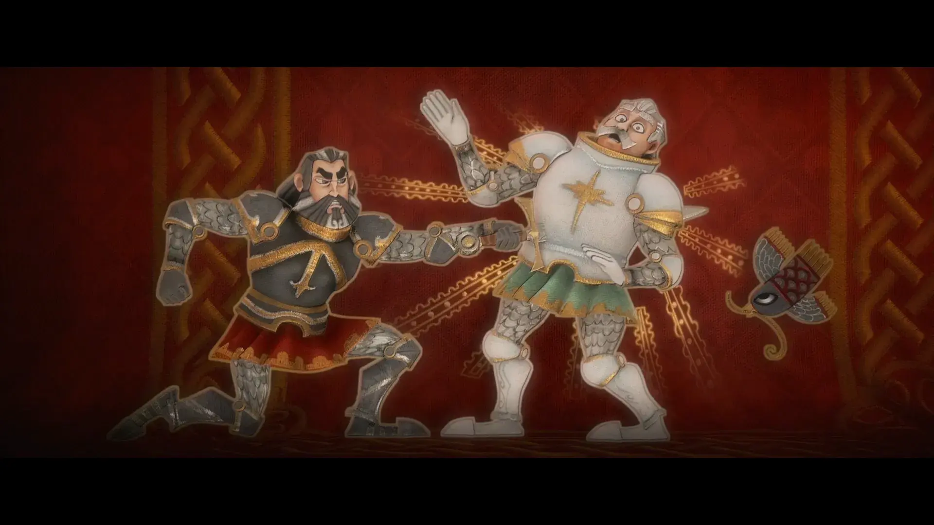 Stylized tapestry animation featuring armored knights in a dynamic battle scene from Justin and the Knights of Valour.