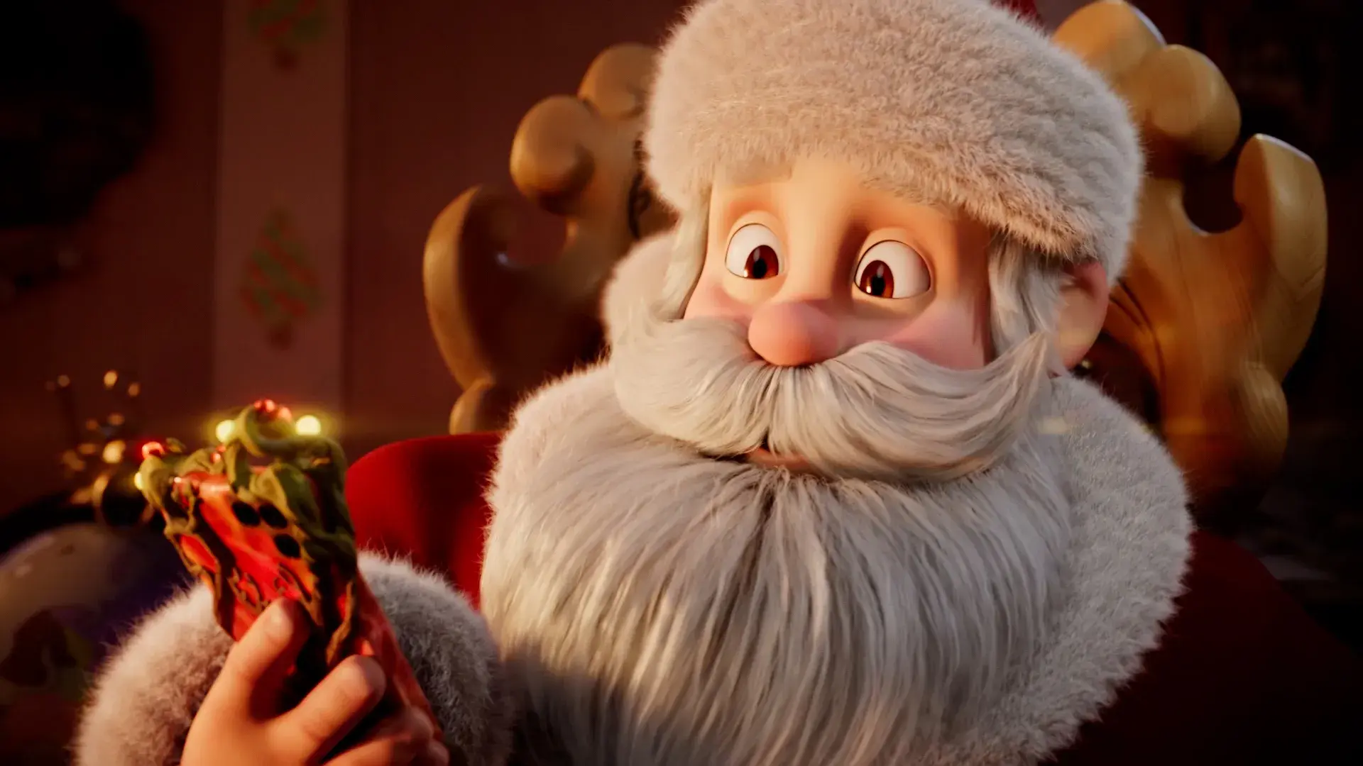Santa Claus animated character holding a magical scroll, from Pyrenees Andorra Christmas ad by 23lunes animation studio.