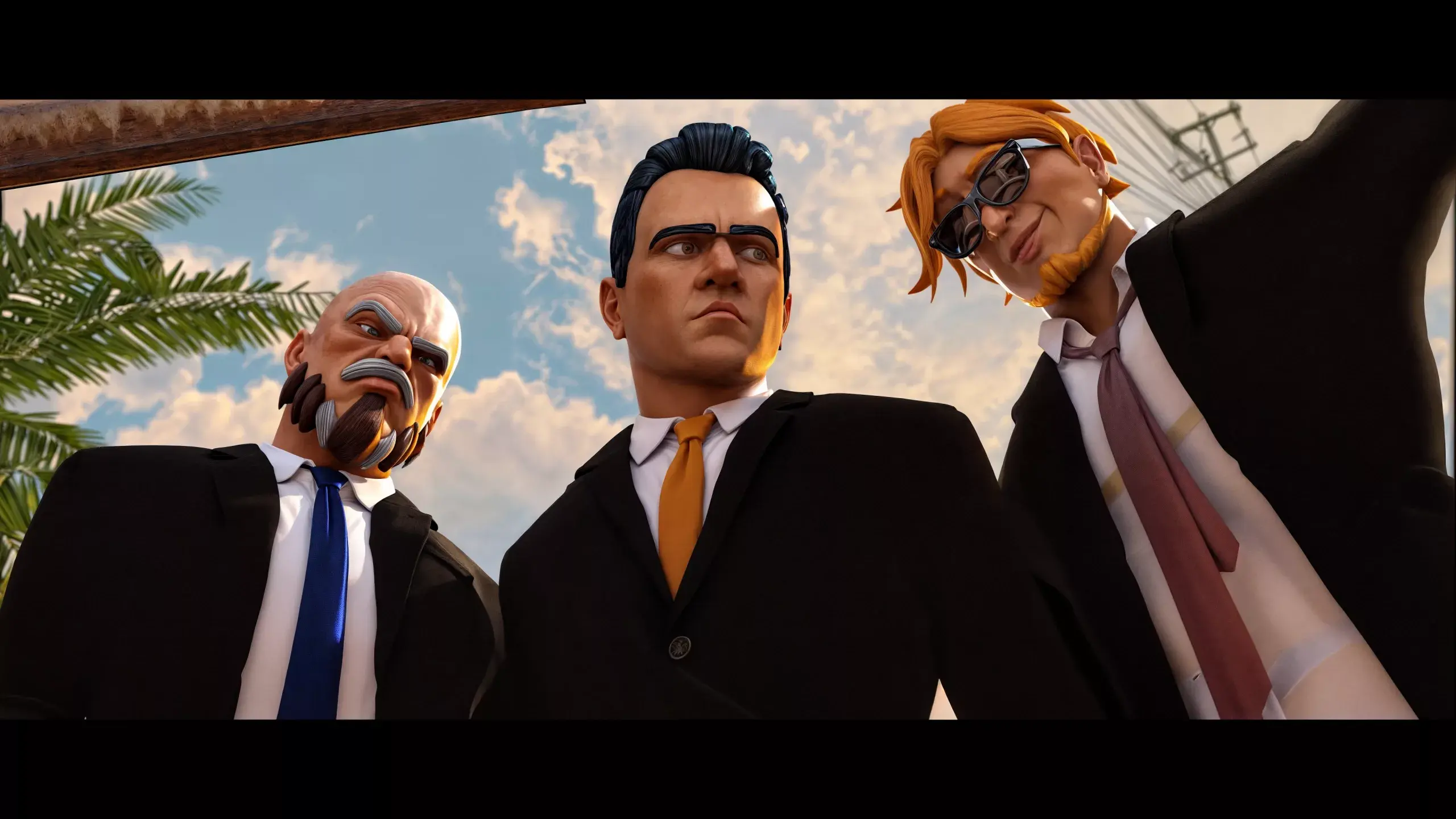3D animated characters in suits from the Reservoir Dogs game cinematic, created by 23lunes animation studio.