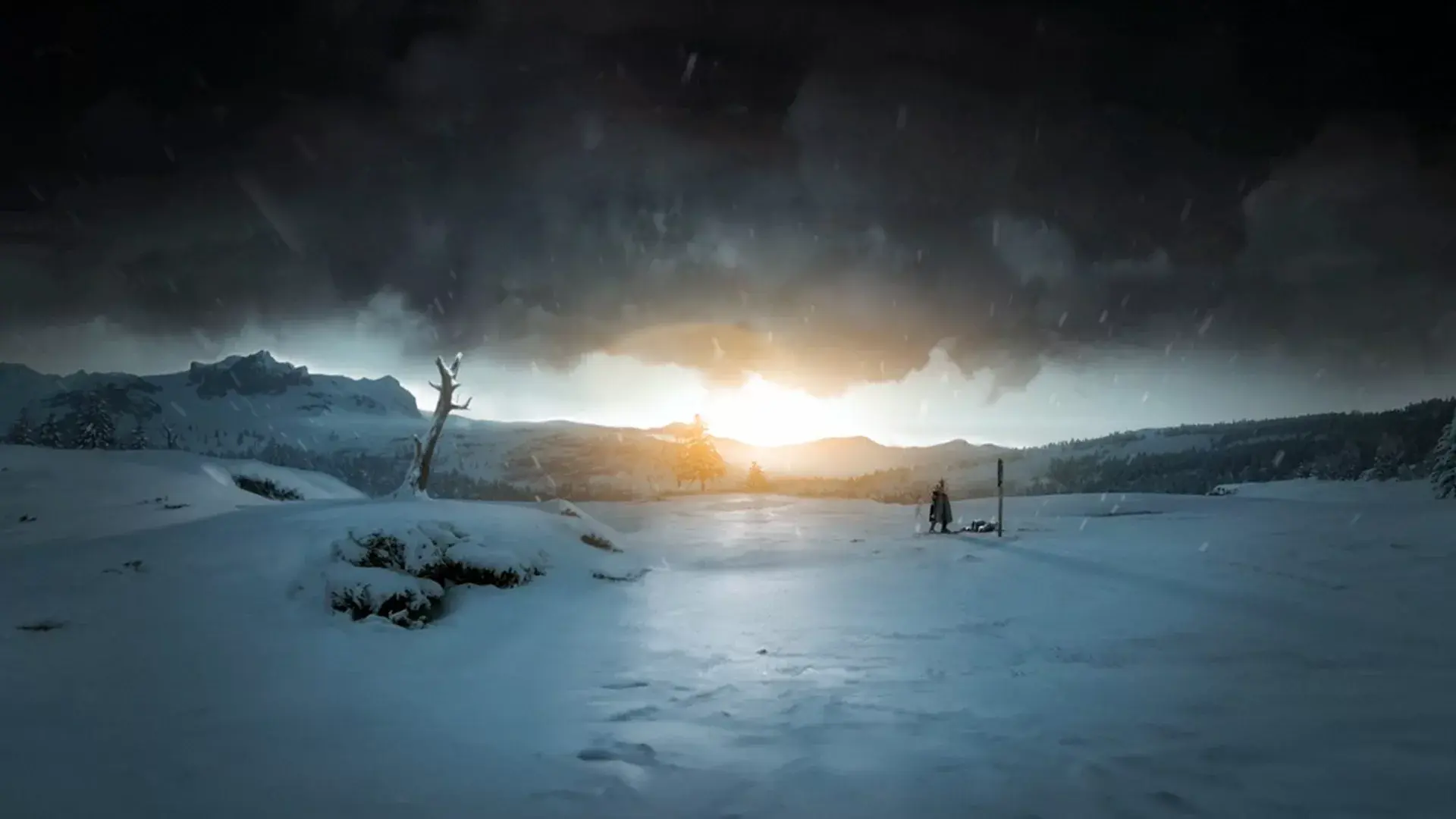 Snowy landscape at sunset with a lone figure, cinematic scene from Strider videogame created by 23lunes animation studio.