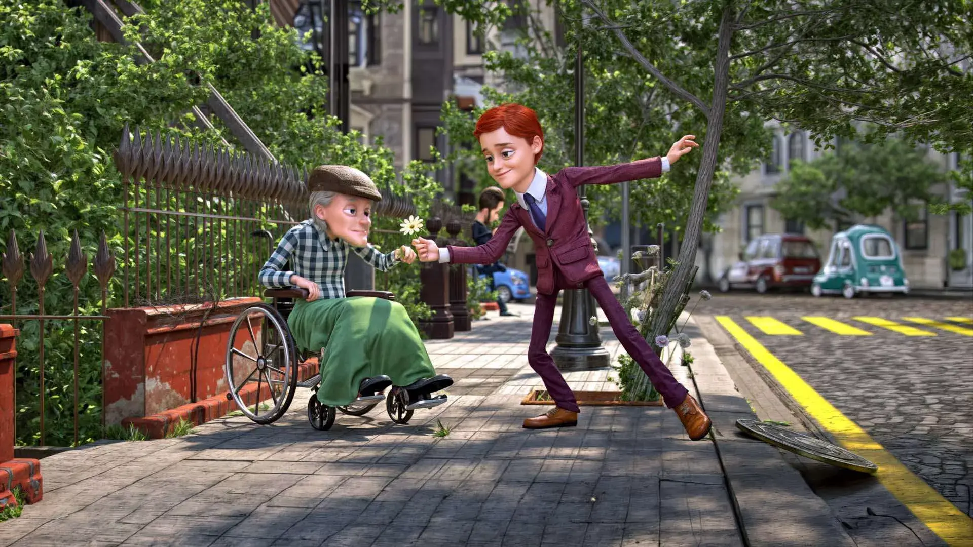 3D animated scene from Triptomax ad, featuring a young man giving a flower to an elderly person in a wheelchair, created by 23lunes animation studio.