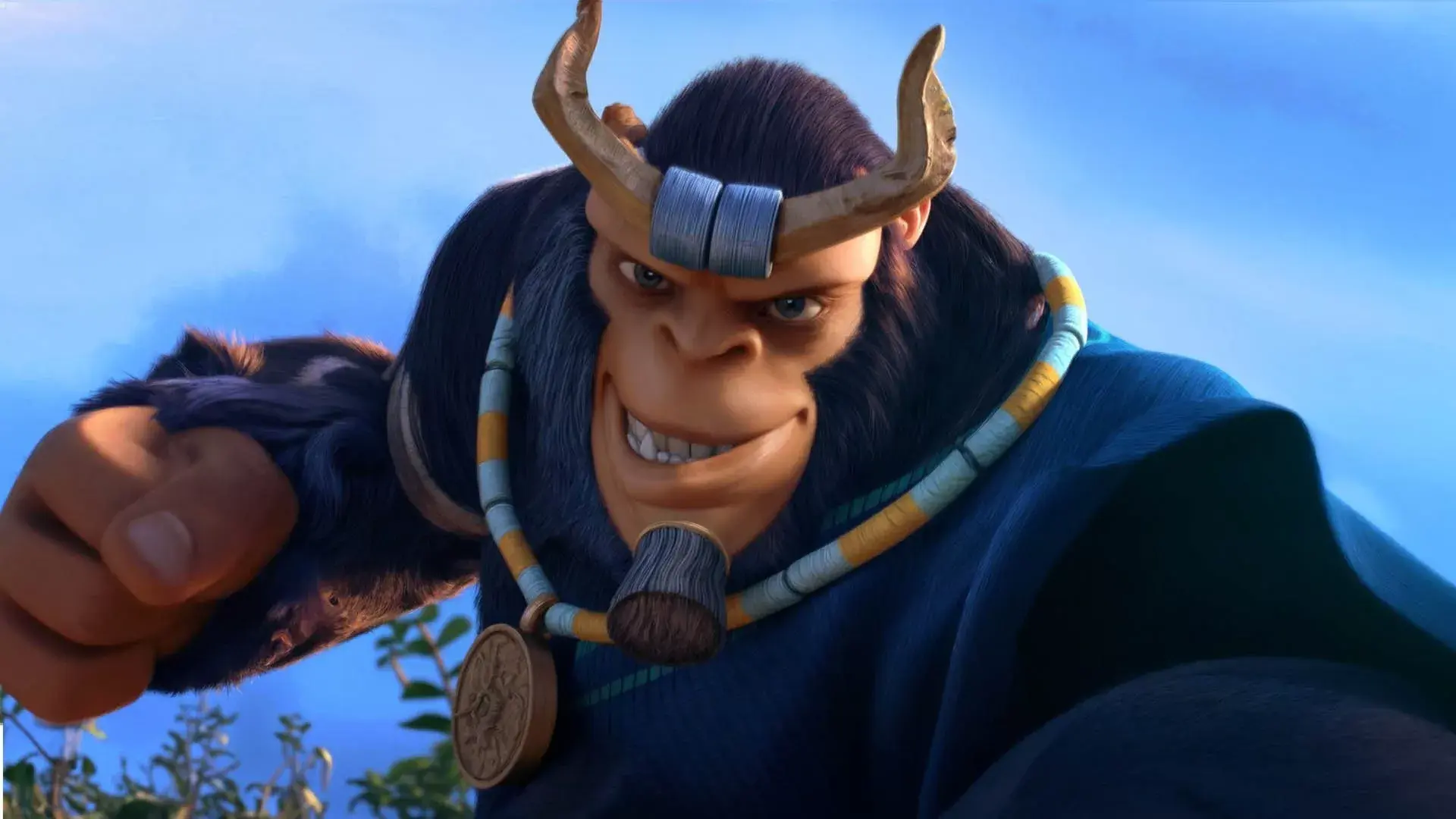 3D animated warrior monkey with tribal necklace and horns, created by 23lunes animation studio.